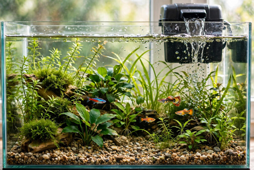 Acuario plantado con peces tropicales y un filtro de cascada en funcionamiento