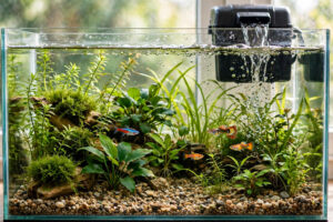 Acuario plantado con peces tropicales y un filtro de cascada en funcionamiento