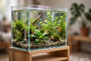 Acuario plantado con tetras neón y un guppy