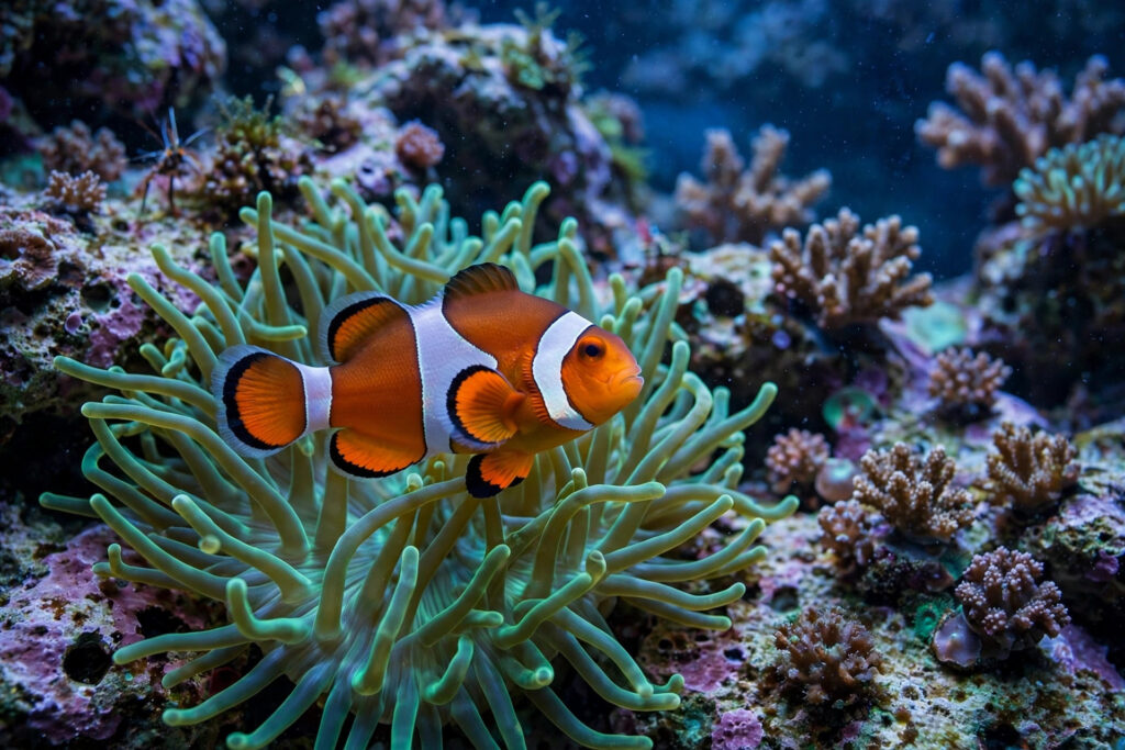 Pez payaso naranja nadando entre los tentáculos de una anémona en un acuario marino