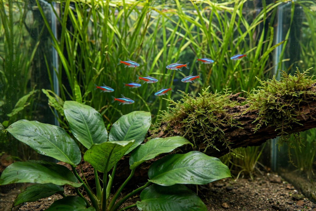 Acuario plantado con anubias, vallisneria y musgo de Java